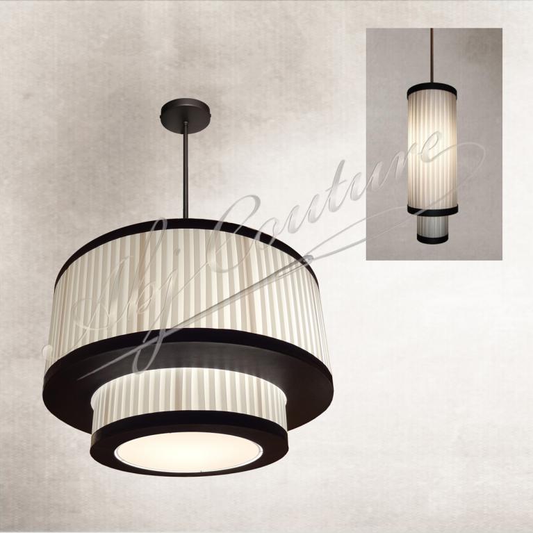 Abat-jour double bandeau plissé plis fins ajourés en soie blanche bordage plafond cuir noir