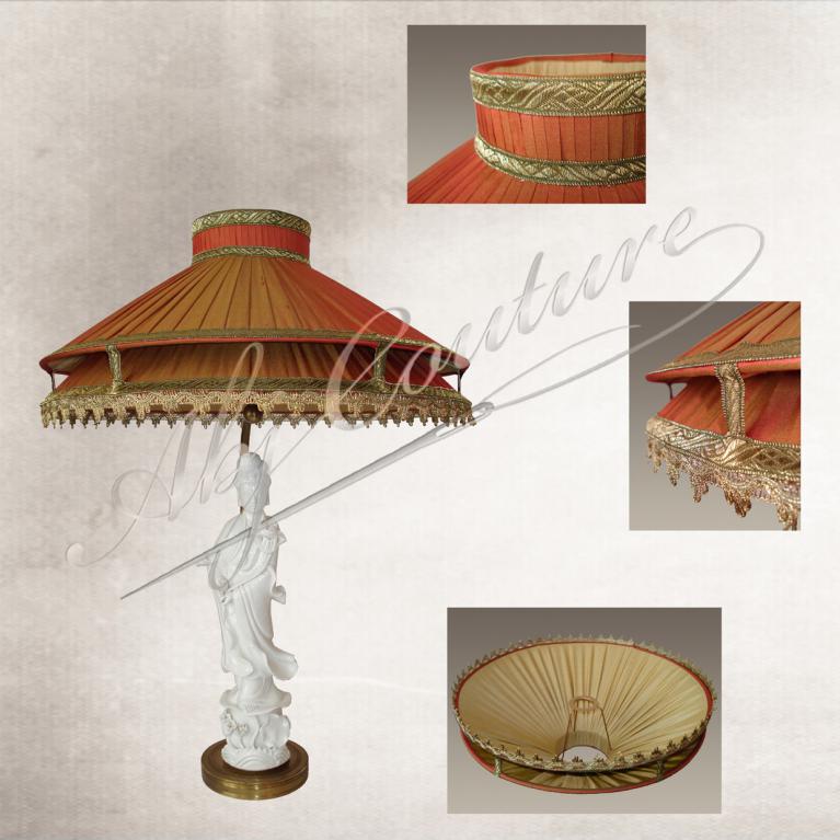 Abat-jour-double-conique-col-haut-plissé-soie-orangée-doublure-soie-dorée-galon-passementerie-dorés