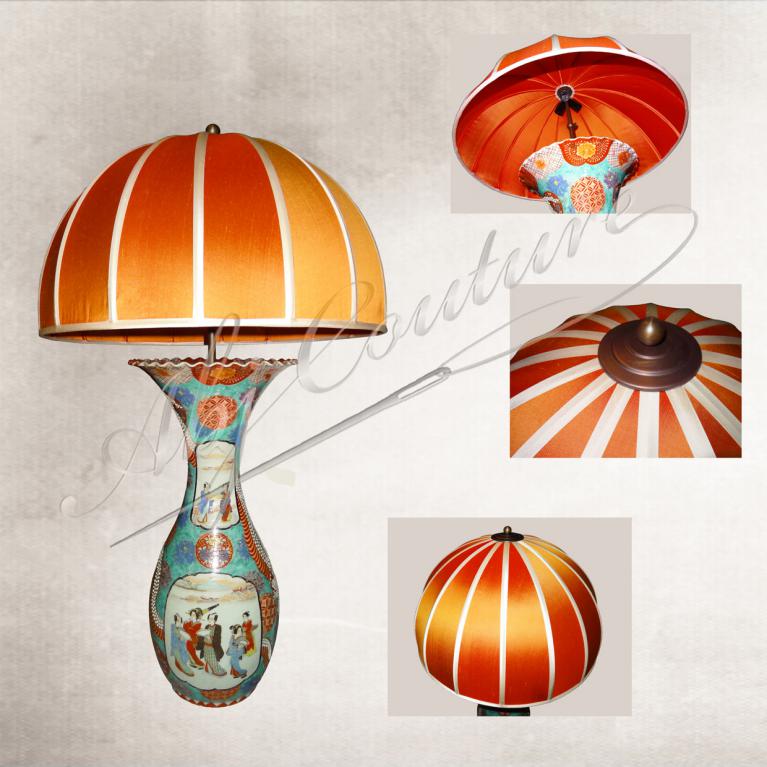 Abat-jour-dôme-tendu-soie-orange-doublure-identique-bordage-arêtes-soie-blanche