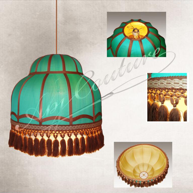 Abat-jour-suspension-double-dôme-tendu-soie-turquoise-doublure-dorée-bordage-arêtes-soie-brune-passementerie-franges
