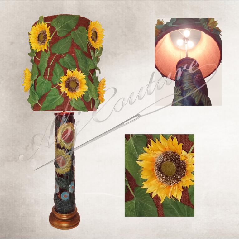 Abat-jour cylindre tendu toile de jute ornement tournesol doublure toile jute