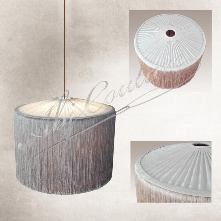 Abat-jour suspendu 55 froncé tissu client passementerie franges 30 cm