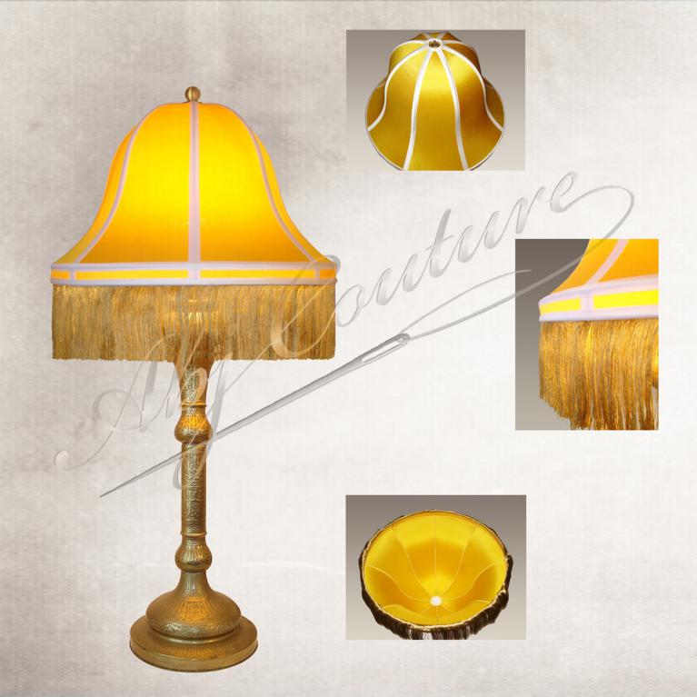 Abat-jour dôme cloche avec bandeau tendu soie jaune doublure identique bordage soie blanche