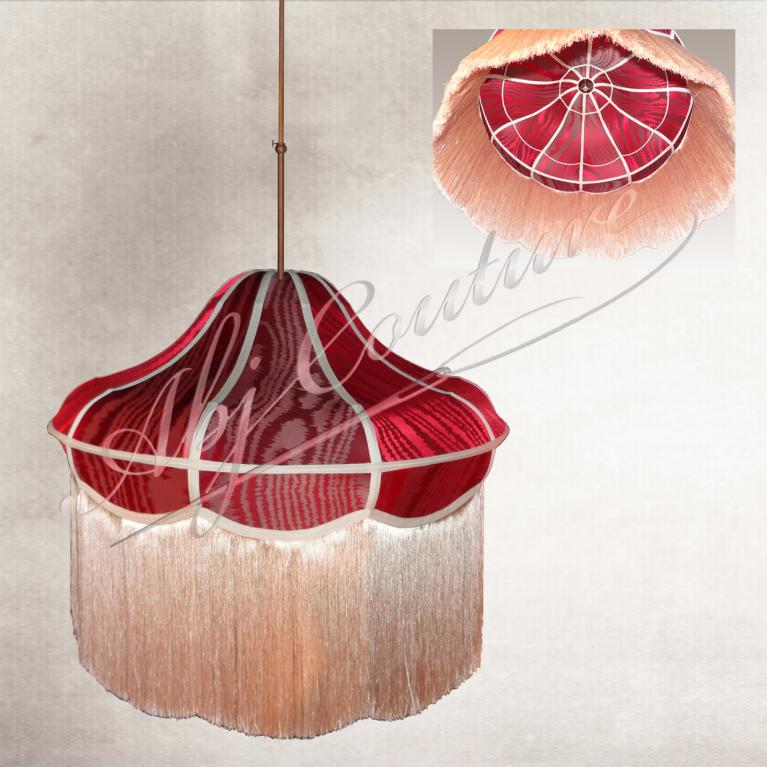 Abat-jour suspension tendu tissu client bordage galon lin grège