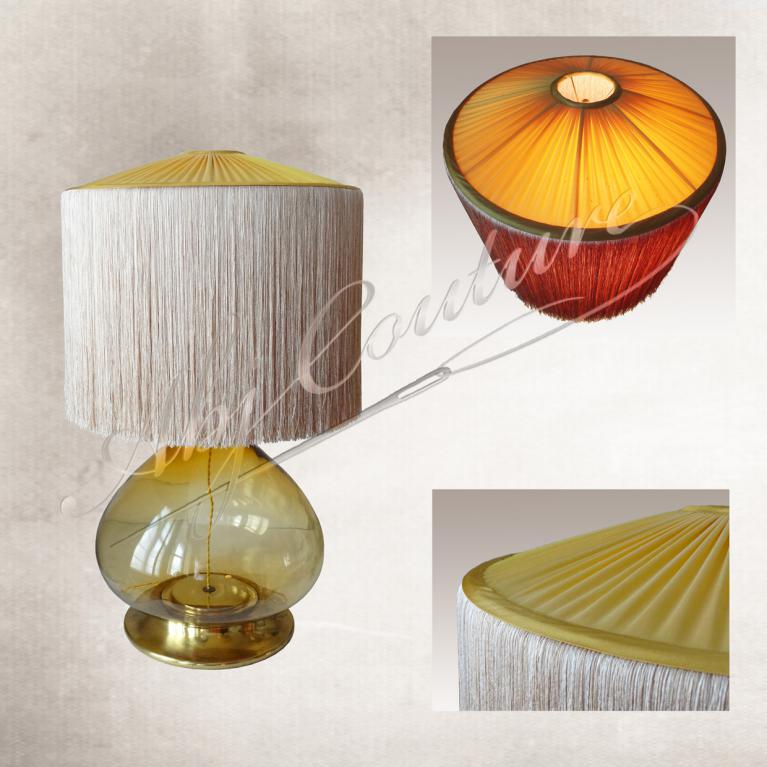 Abat-jour 45 cm plissé fronces soie jaune doublure identique avec passementerie double franges crème 30 cm