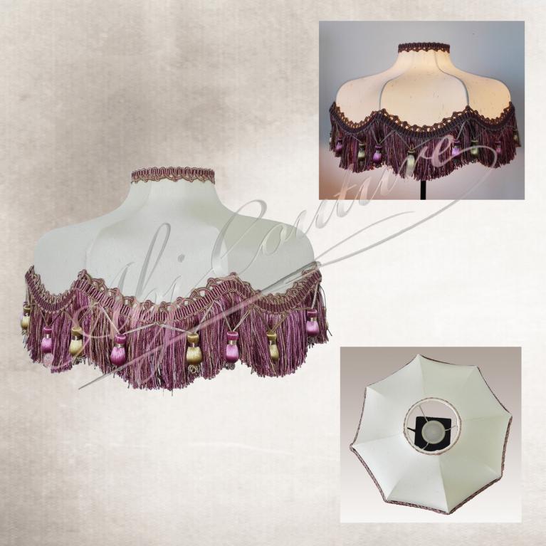 Abat-jour tulipe festonnée 33 cm restauration tendu tissu et carcasse client passementerie franges à glands Houlès