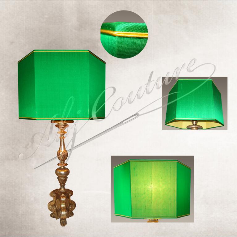 Abat-jour hexagona droit tendu en soie verte doublure en soie dorée avec soutache dorée