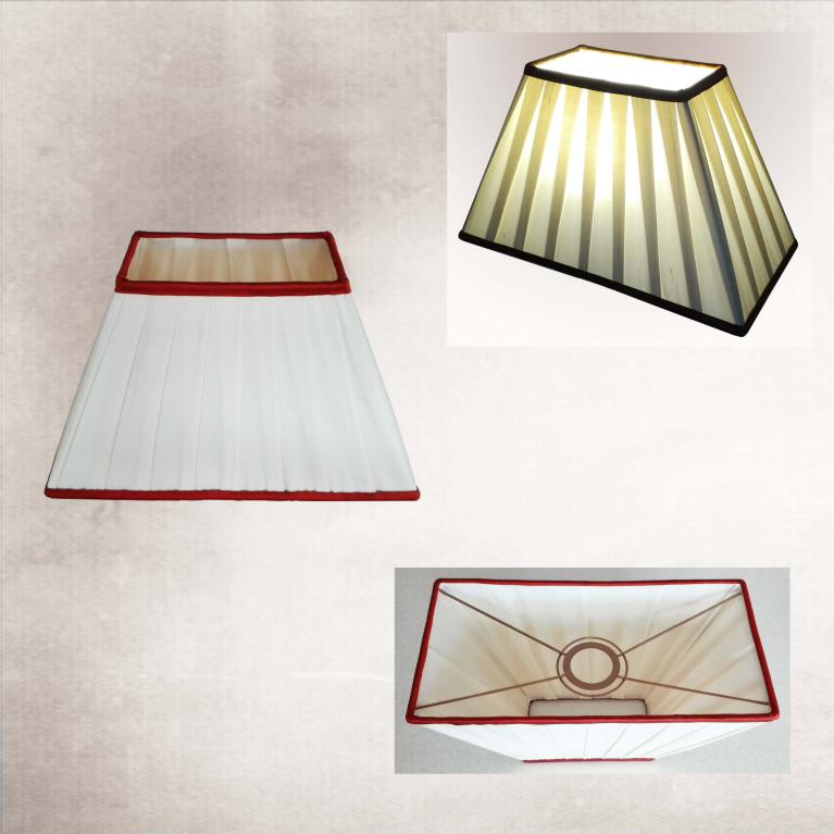 Abat-jour rectangulaire plissé en soie blanche doublure blanche bordage en soie rouge